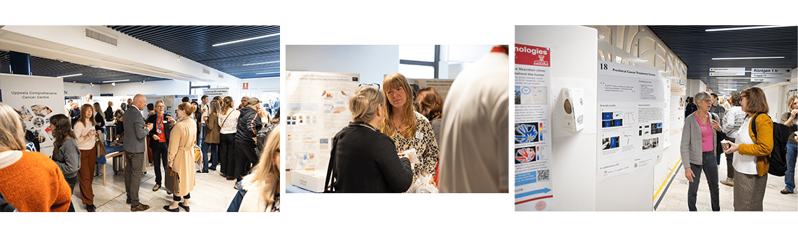 Flera människor som står upp och minglar vid stora posters