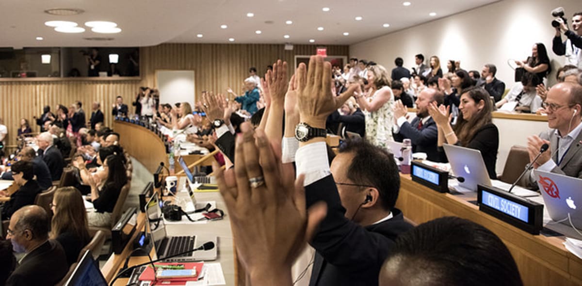 Den 7 juli 2017 antog FN ett globalt kärnvapenförbud som nu ska undertecknas och ratificeras av parterna. Foto: Claire Conboy