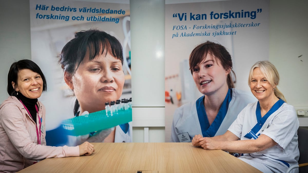 Forskningssjuksköterskor är på flera sätt spindel i nätet för kliniska studier på Akademiska sjukhuset. Från vänster: Sabine Lindén, samordnade för nätverket för forskningssjuksköterskor (FOSA) och Marie Dahlbom, forskningssjuksköterska på barnsjukhuset. Foto: Staffan Claesson
