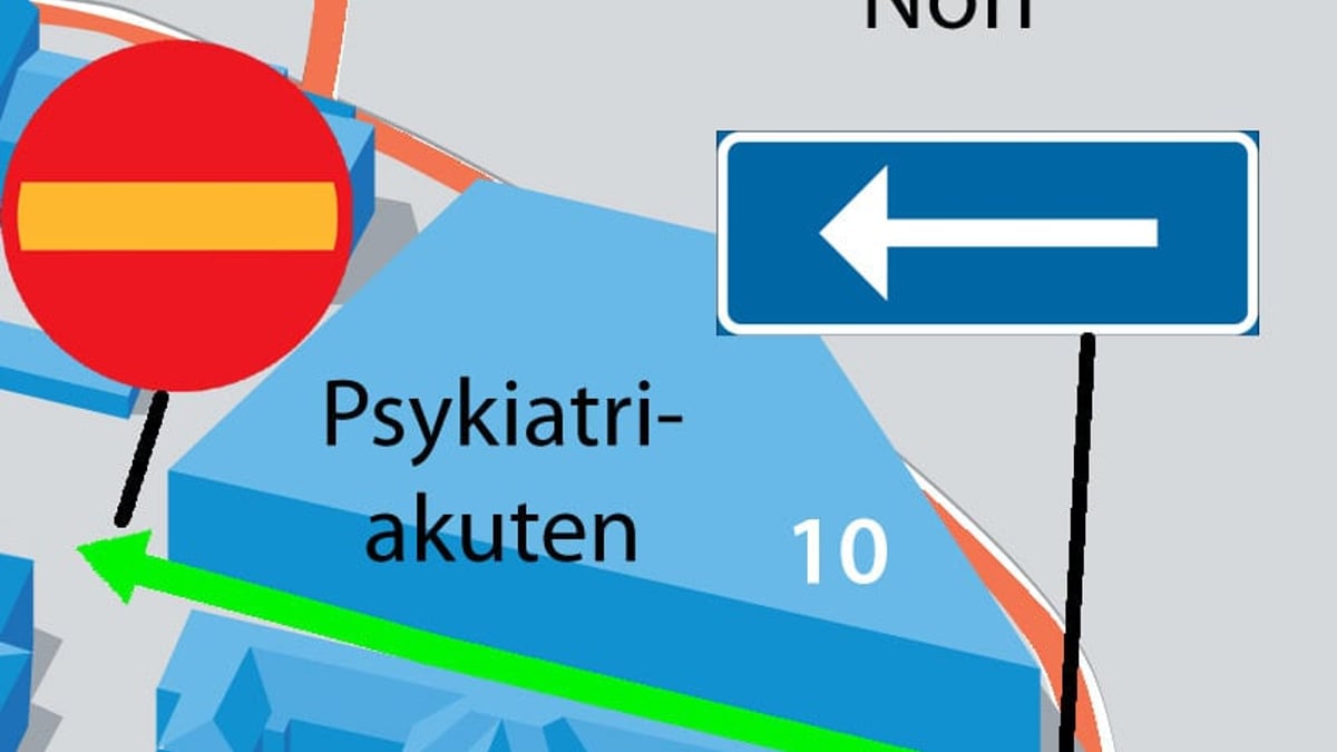 Enkelriktning av väg framför psykiatrins hus