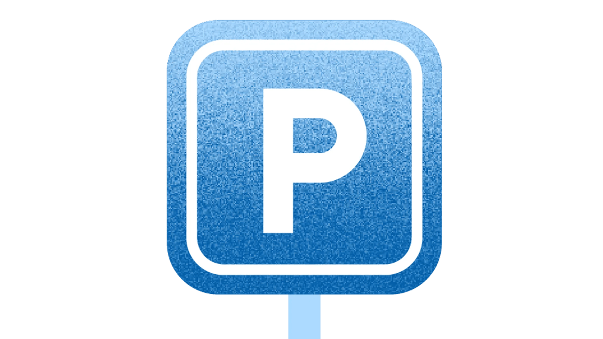 En blå parkeringsskylt som sitter på toppen av en stolpe.