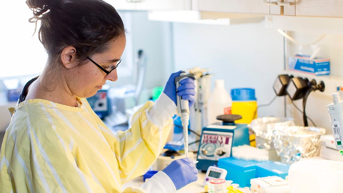 Molekylärbiologen Lotte Moens hanterar prover inför en genanalys (NGS-analys) som görs rutinmässigt vid bröstcancer för att diagnostik och behandling ska bli mer träffsäkra.