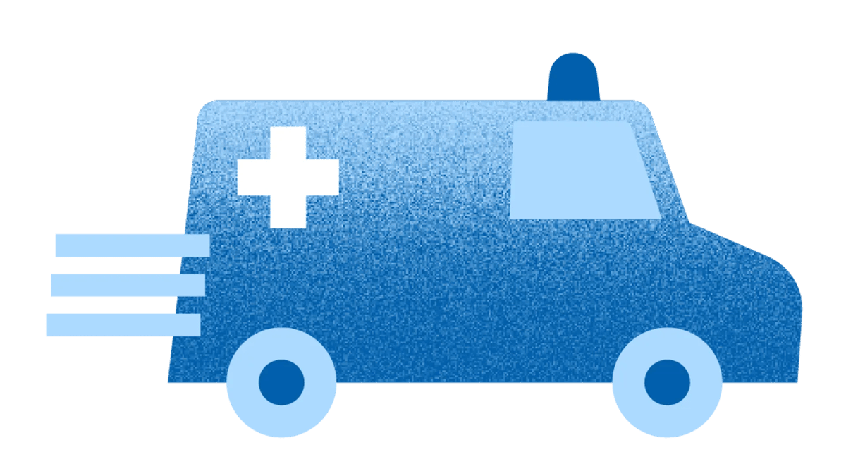 En blå skåpbil med ett kors på sidan.