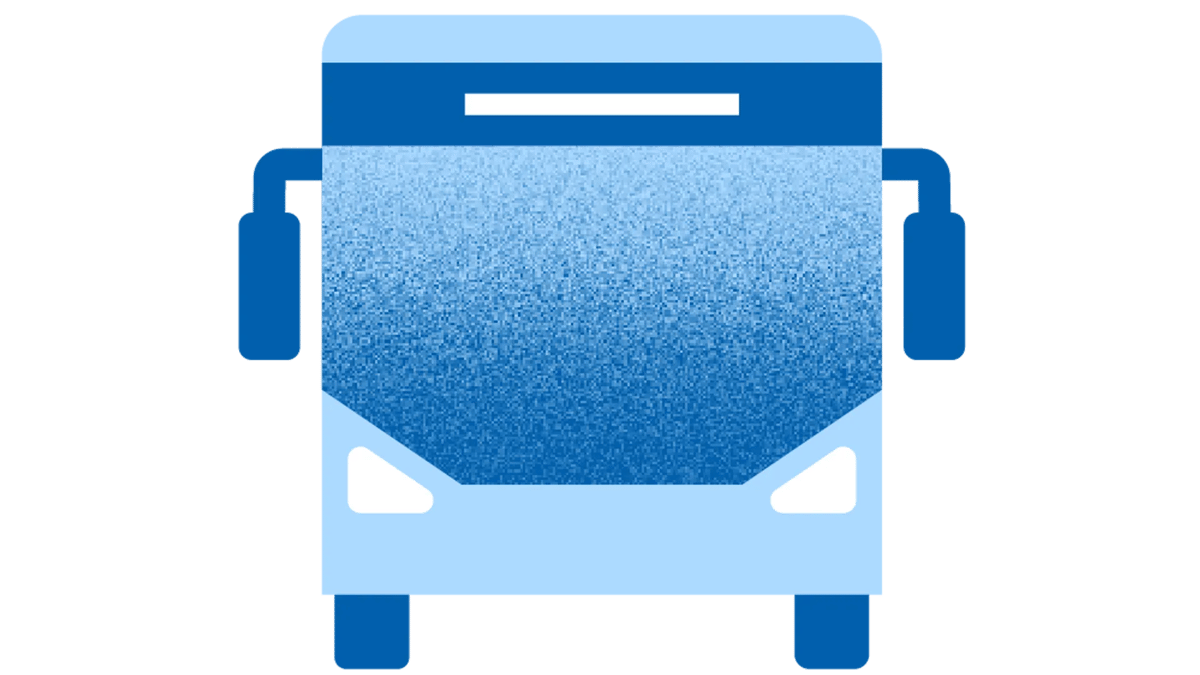 En blå buss med vit bakgrund.