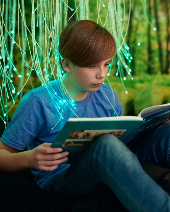 A young boy reading a book.