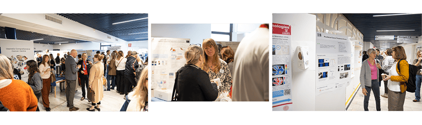 Flera människor som står upp och minglar vid stora posters