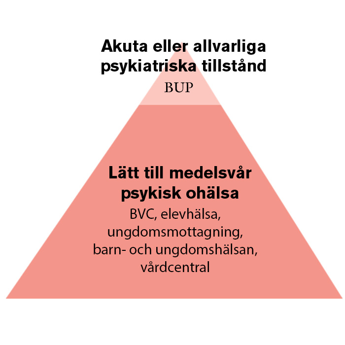 Pyramid som beskriver att man först ska söka vård på BVC, elevhälsan eller ungdomsmottagning