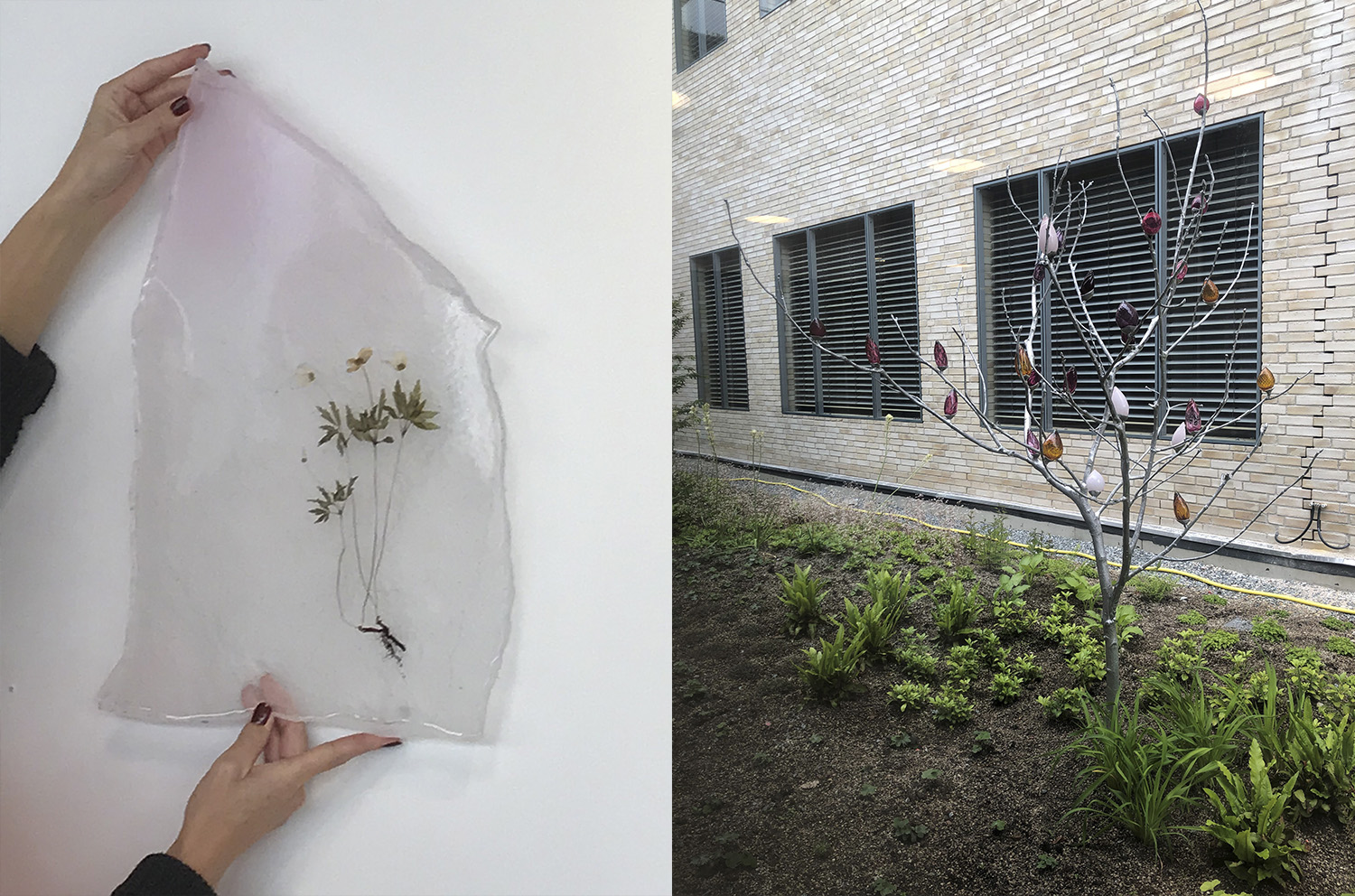 In Every Tree: strålbehandlingsavdelningens ljusgård. På strålbehandlingsavdelningen har In Every Trees gestalning fått genomsyra lokalerna med en exteriör gestaltning i form av två aluminiumgjutna träd med överstora blåsta glasknoppar som en förhoppning om en ständig vår. På väntrummens väggar hänger ingjutna växter i hartsformer och ett naturljud kompletterar helhetsgestaltningen. In Every Tree: strålbehandlingsavdelningens ljusgård. På strålbehandlingsavdelningen har In Every Trees gestalning fått genomsyra lokalerna med en exteriör gestaltning i form av två aluminiumgjutna träd med överstora blåsta glasknoppar som en förhoppning om en ständig vår. På väntrummens väggar hänger ingjutna växter i hartsformer och ett naturljud kompletterar helhetsgestaltningen.