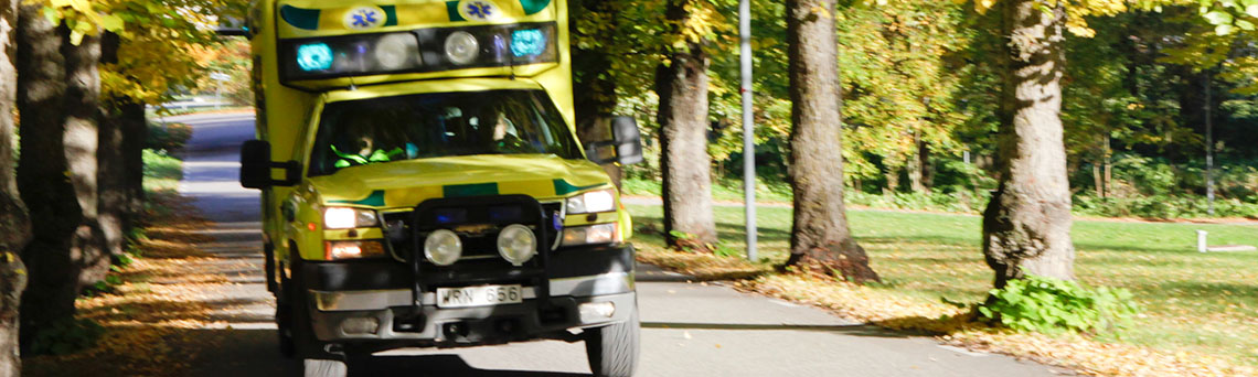 Ambulans kommer åkandes i en allé.